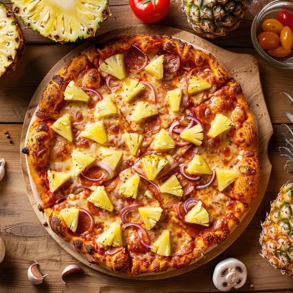 A whole Pizza King of Irving pizza with pineapple, pepperoni, and red onion on a wooden board.